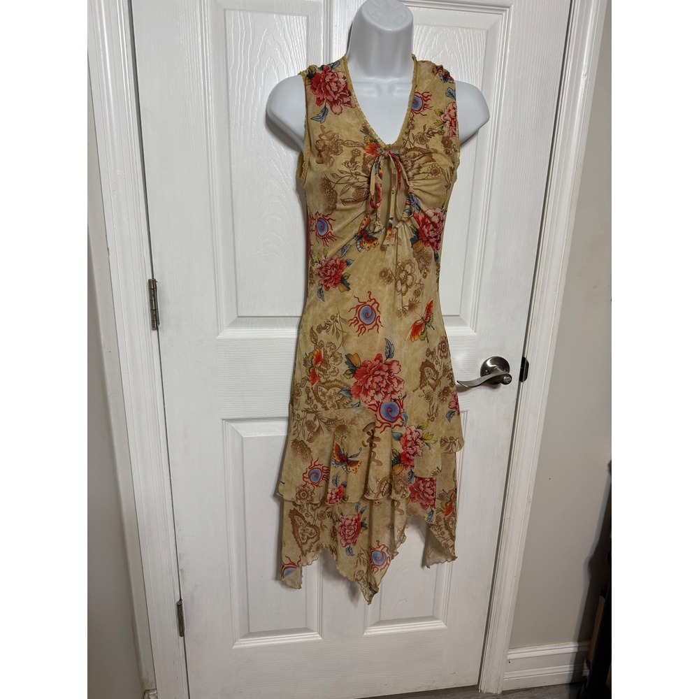 Poupine Style Y2K Mesh Floral Butterfly Handkerchief Hem Midi Dress Tan Gold